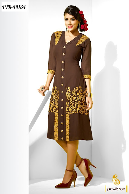 Festival discount offer on brown georgette embroidery kurti online shopping