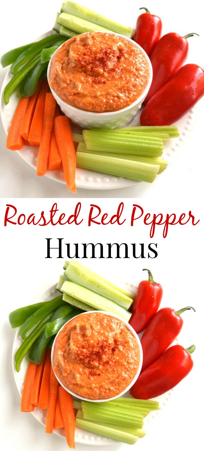 Roasted Red Pepper Hummus takes 5 minutes to make, is full of flavor and is healthier than store-bought hummus! www.nutritionistreviews.com