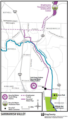 Map showing brighwater facility location and purple pipes to Sammamish Valley areas where water is being used.