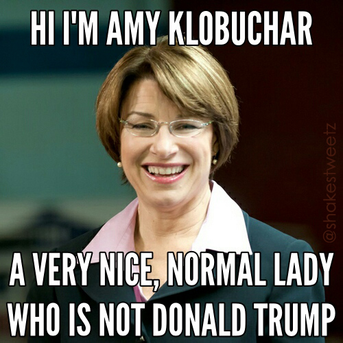 image of Senator Amy Klobuchar smiling, to which I've added text reading: 'Hi, I'm Amy Klobuchar, a very nice, normal lady who is not Donald Trump.'