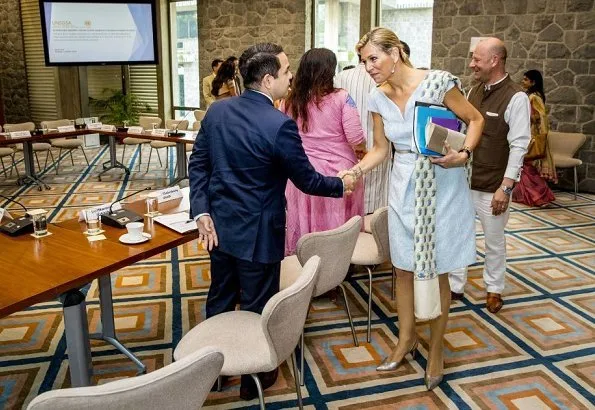 Queen Maxima met with Prime Minister Narendra Modi and interim Finance Minister Piyush Goyal. Queen Maxima wore recycled Natan dress