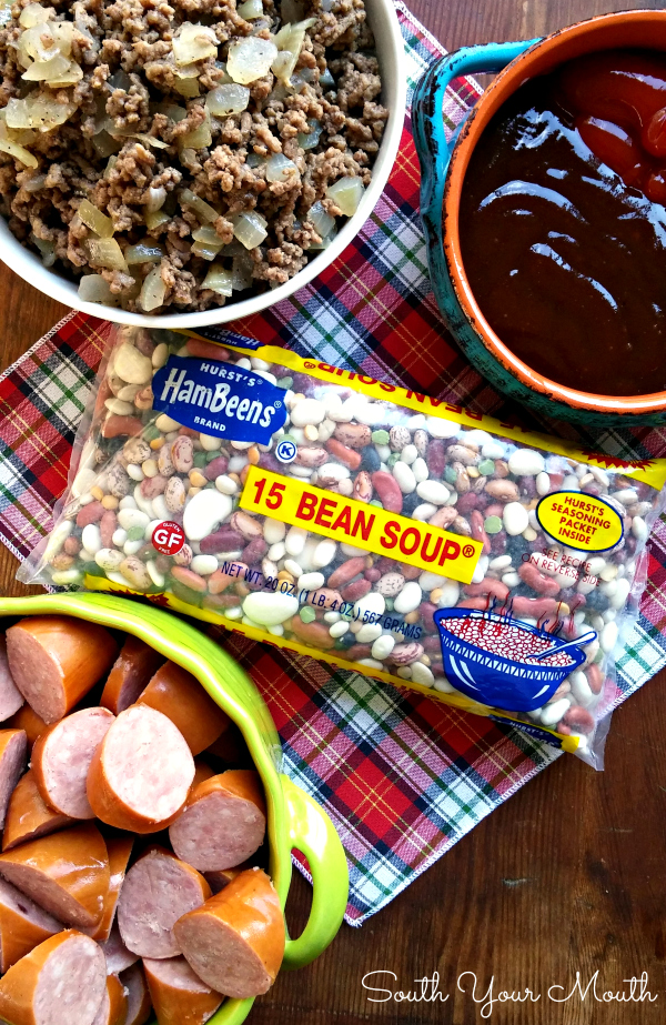 Three Meat Crock Pot Cowboy Beans | BBQ beans with smoked sausage, bacon and ground beef!
