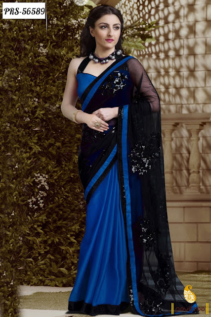 Beutiful Soha Ali Khan black blue color georgette bollywood saree online shopping with cash on delivery service