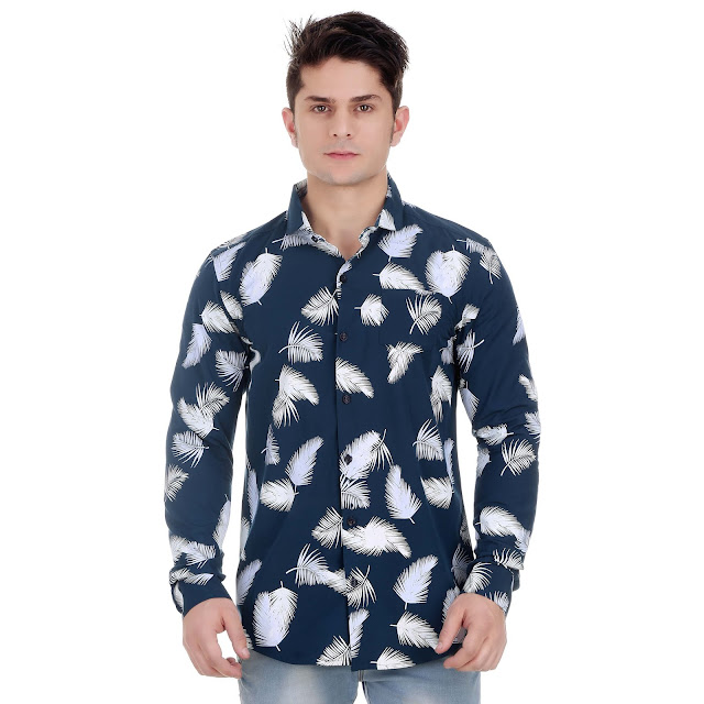 All Over Leaf Print Moonlight Ocean Full Sleeves Casual Shirt For Men With Silicon Wash All Over Leaf Print Moonlight Ocean Full Sleeves Casual Shirt For Men With Silicon Wash