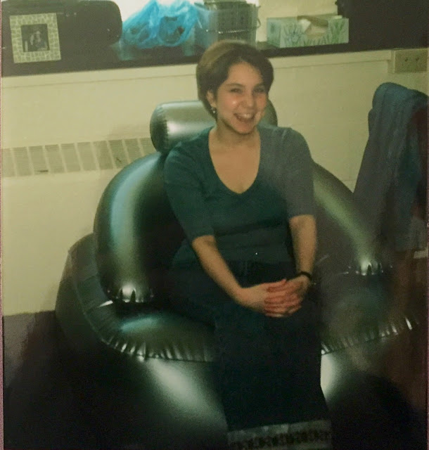 Throwback Thursday, #tbt, the height of 00's fashion and beauty, 2000's fashion, 2000's beauty, pixie cut, elbow-length shirt, patterned bell bottoms, blow up furniture