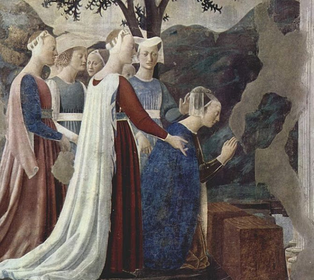 Царица Савская преклоняет колени перед Животворящим Древом, фреска Пьеро делла Франческа, Базилика Сан-Франческо в Ареццо