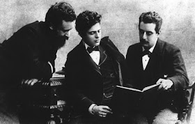 Franchetti (left), pictured with his friends and fellow composers Pietro Mascagni and Giacomo Puccini