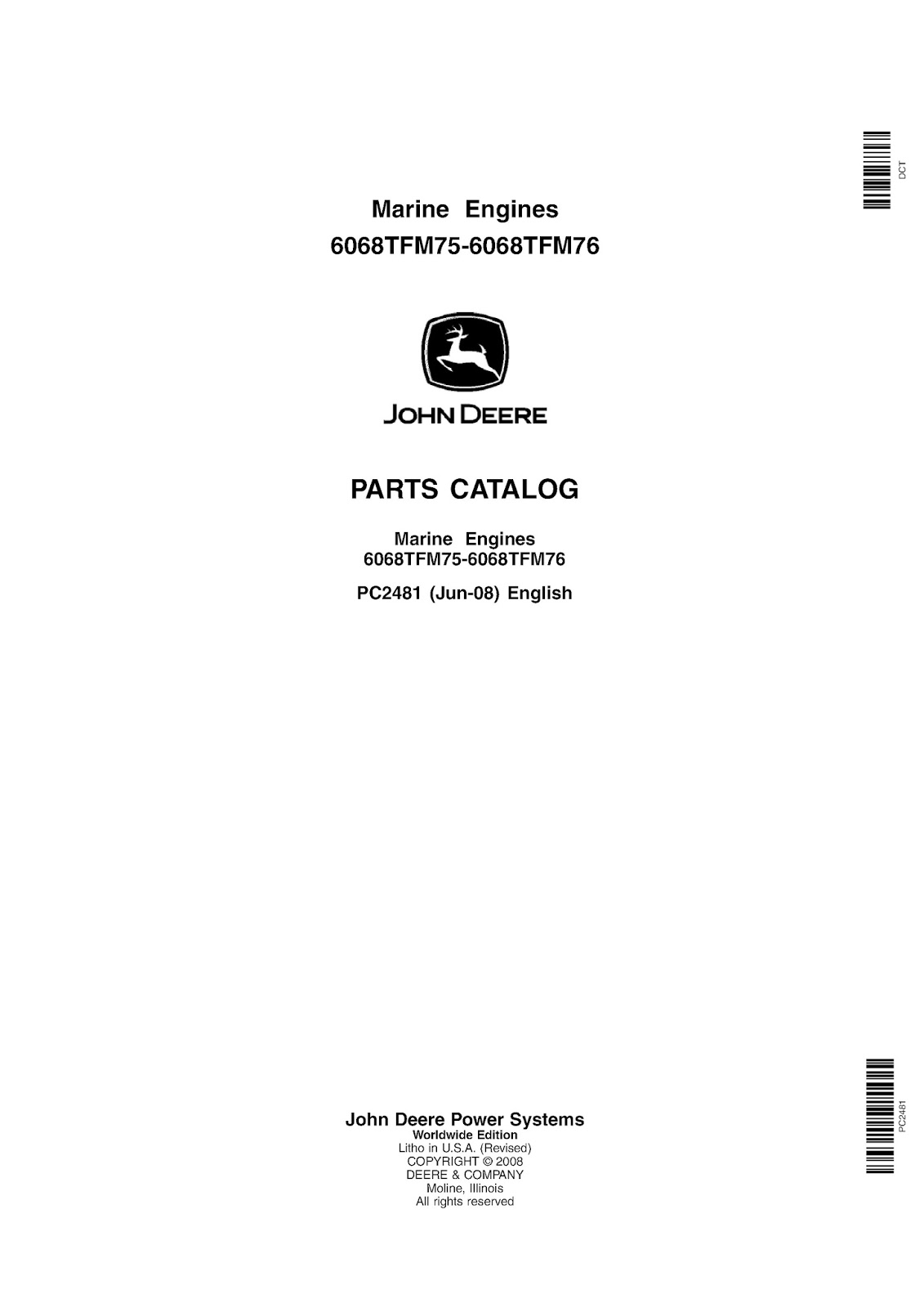 PDF DOWNLOAD John Deere 6068TFM75-6068TFM76 Marine Engines Parts Catalog Manual PC2481