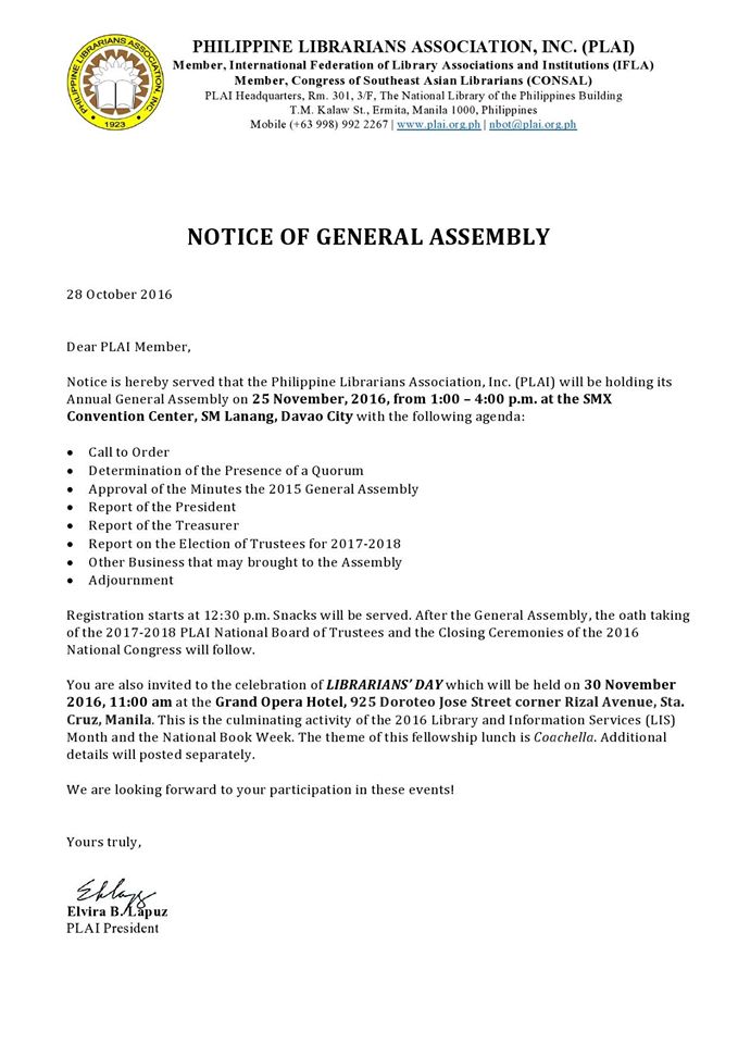 PLAI Southern Tagalog Region Librarians Council PLAI Notice of