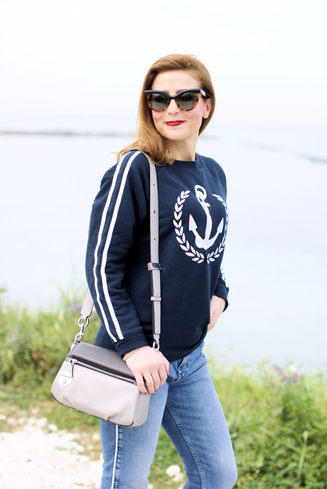 navy inspired sweatshirt and polka dot adidas Gazelle sneakers on Fashion and Cookies fashion blog, fashion blogger style