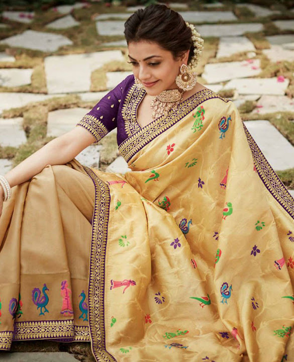 Kajal Aggarwal Beige and Golden Saree