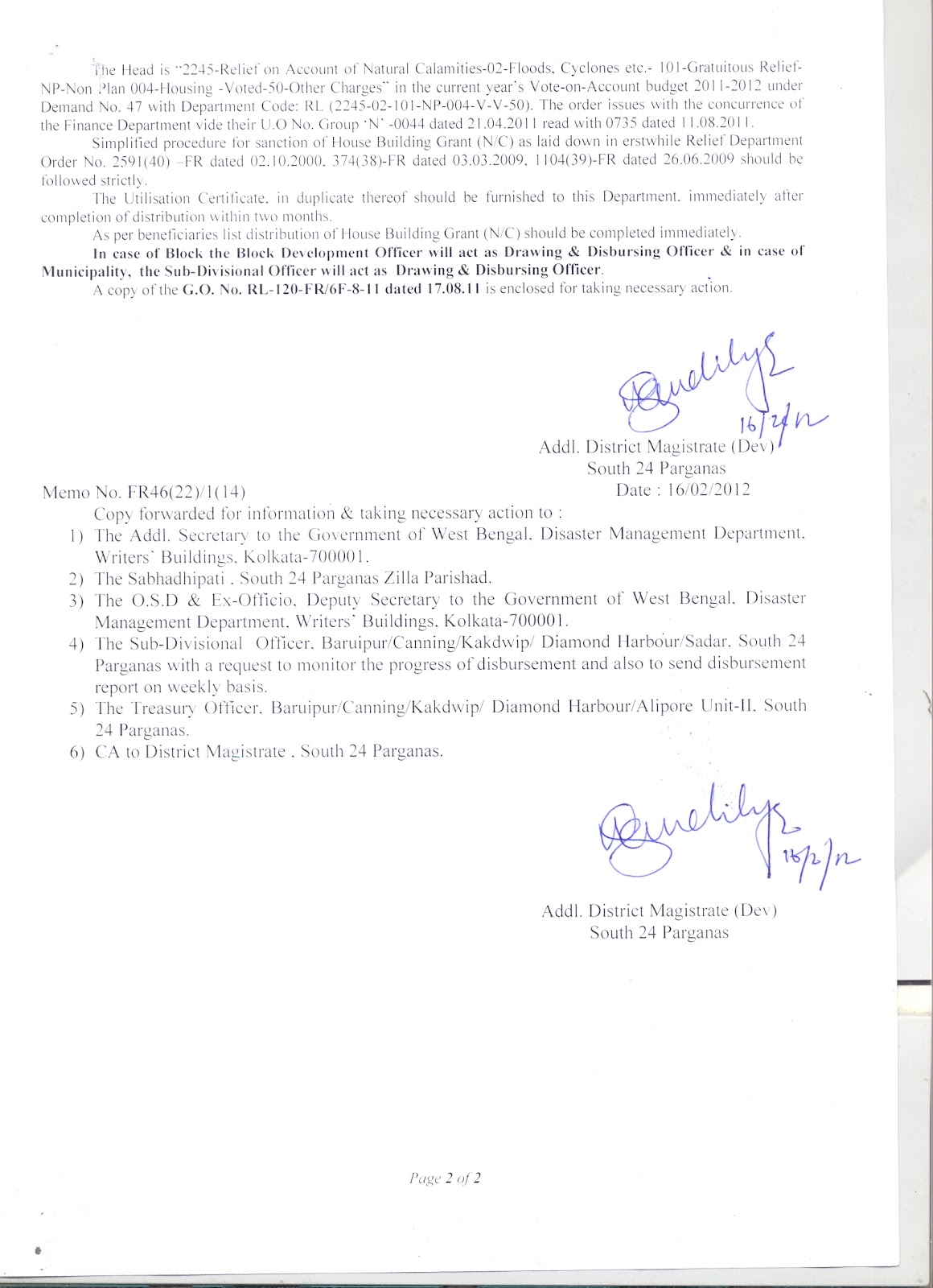 South 24pgs Relief Section Suballotment of House Building Grant