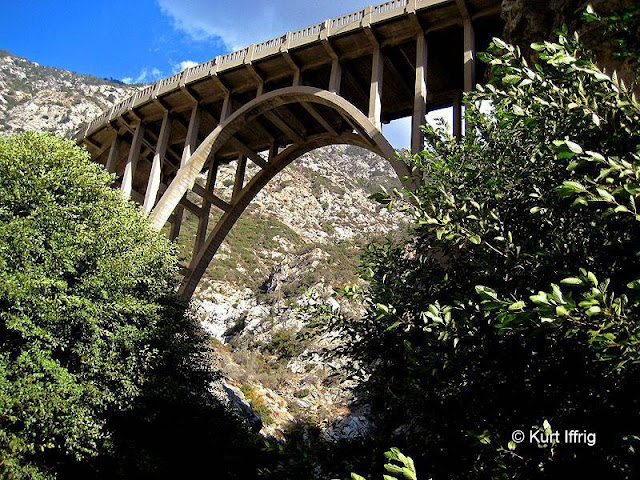 The Bridge To Nowhere was intended to connect the Angeles Crest Hwy. to the East Fork Road. In 1936 a great flood wiped out the road that connected to this bridge and left it stranded.