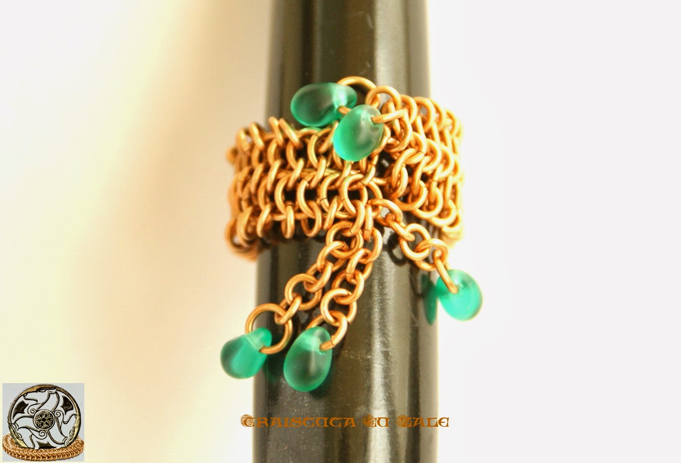Enchainted Bijuterii din zale ”Bronze and Emerald” Chainmaille Ring