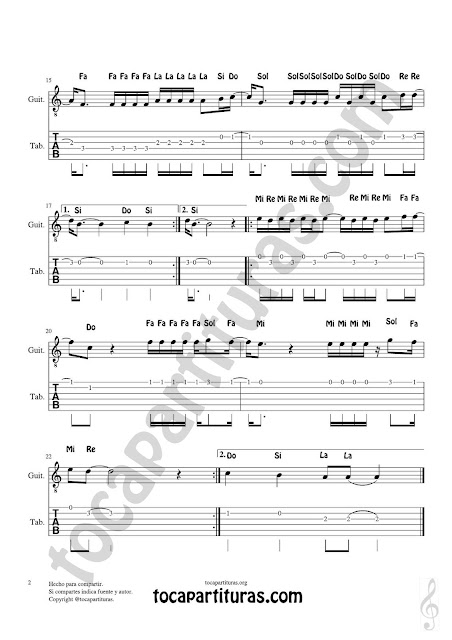 Music score 2  Easy Spanish Notes Tablature Sheet Music for Guitar (Tab Fingering) Guitarra tablatura fácil guitarristas