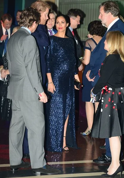 Meghan Markle wore Roland Mouret sequined gown,  Stuart Weitzman pumps, Princess Diana's bracelets