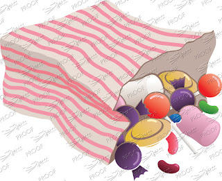 Sweet bag with pink stripes and a collection of brightly coloured jelly beans, sweets, lollypops, flying saucers and marshmallows. The design uses soft gradients and empty space to separate each part of the design for a very unique looking sweet bag made by Ben while on work experiance.