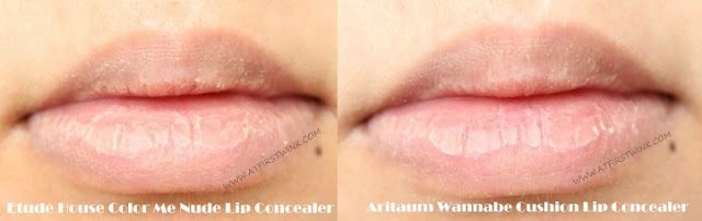 Aritaum wannabe cushion lip concealer compared to the Etude House Color me nude lip concealer