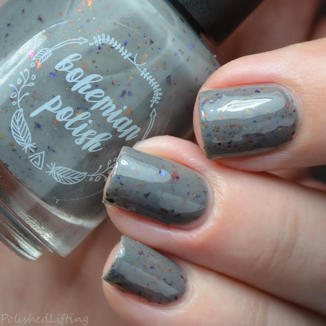 gray nail polish with color shifting flakies