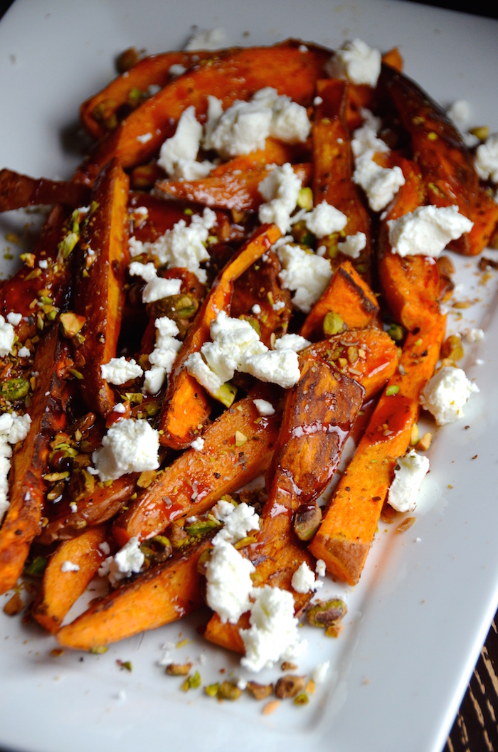 Roasted Sweet Potato Wedges with Pistachios, Goat Cheese & Pomegranate ...