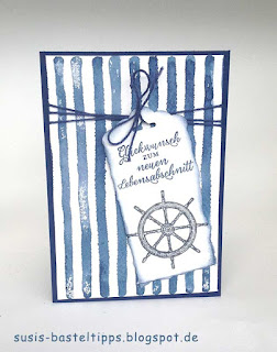 maritime Karte Stampin Up Glückwunschkarte mit maritimem Stil, blau weißen Streifen und Steuerrad