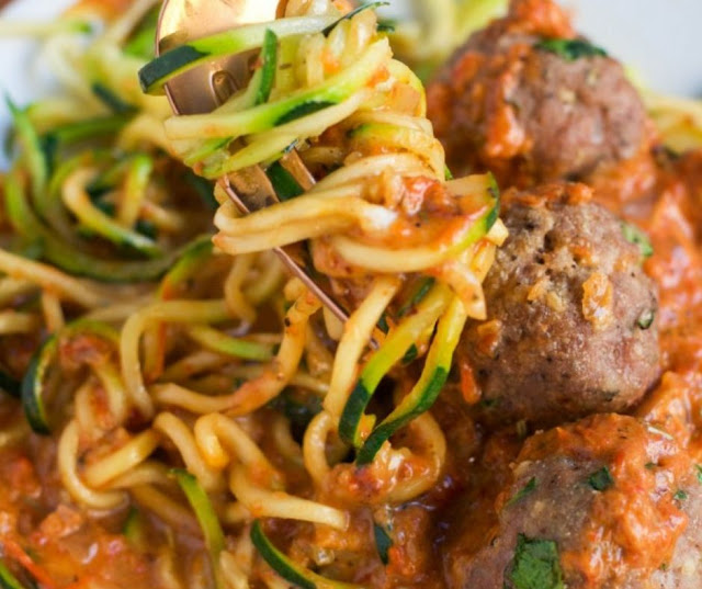 Zoodles With Turkey Meatballs In A Roasted Red Pepper Sauce Zoodles With Turkey Meatballs In A Roasted Red Pepper Sauce