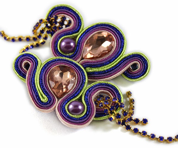 Violet, navy blue and lime soutache earrings, soutache handmade jewelry