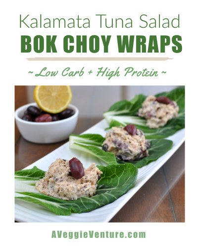 Kalamata Tuna Salad Bok Choy Wraps ♥ AVeggieVenture.com, tuna salad made with olives wrapped in peppery bok choy leaves. Weight Watchers Friendly. LowCarb. Naturally Gluten Free. Paleo. Whole30 Friendly.