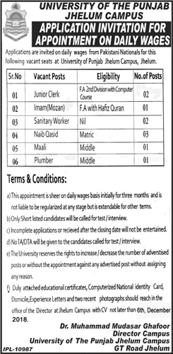 Punjab University Jhelum Campus Latest Jobs November 2018