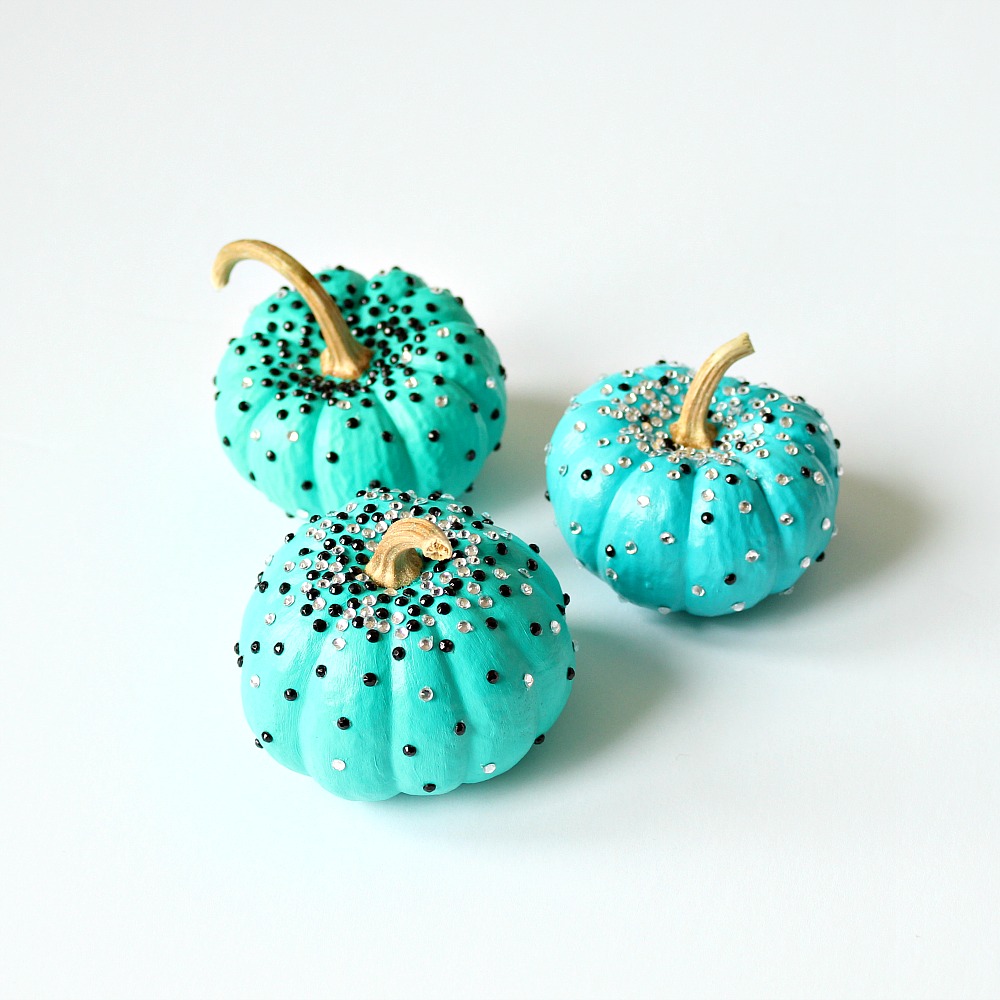 Turquoise DIY No Carve Pumpkins with Black and White Rhinestone Sparkles