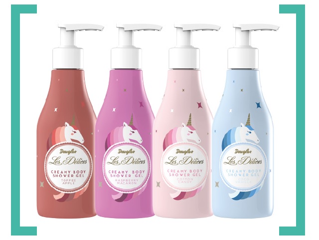 Les Délices Unicorn shower gels by Douglas perfumeries: Toffee Apple - Raspberry Macaroon - Cotton Candy - Coco Vanilla Les Délices Unicorn shower gels, a sugary exclusive by Douglas perfumeries