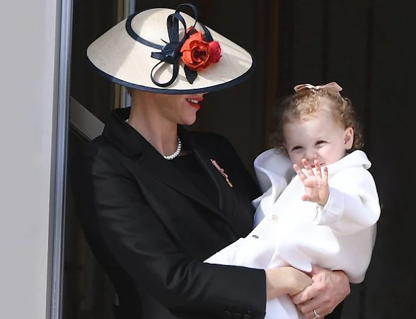 Prince Albert II and Princess Charlene with their twins Prince Jacques and Princess Gabriella of Monaco appear on the balcony of the Monaco Palace during the celebrations marking Monaco's National Day in Monaco