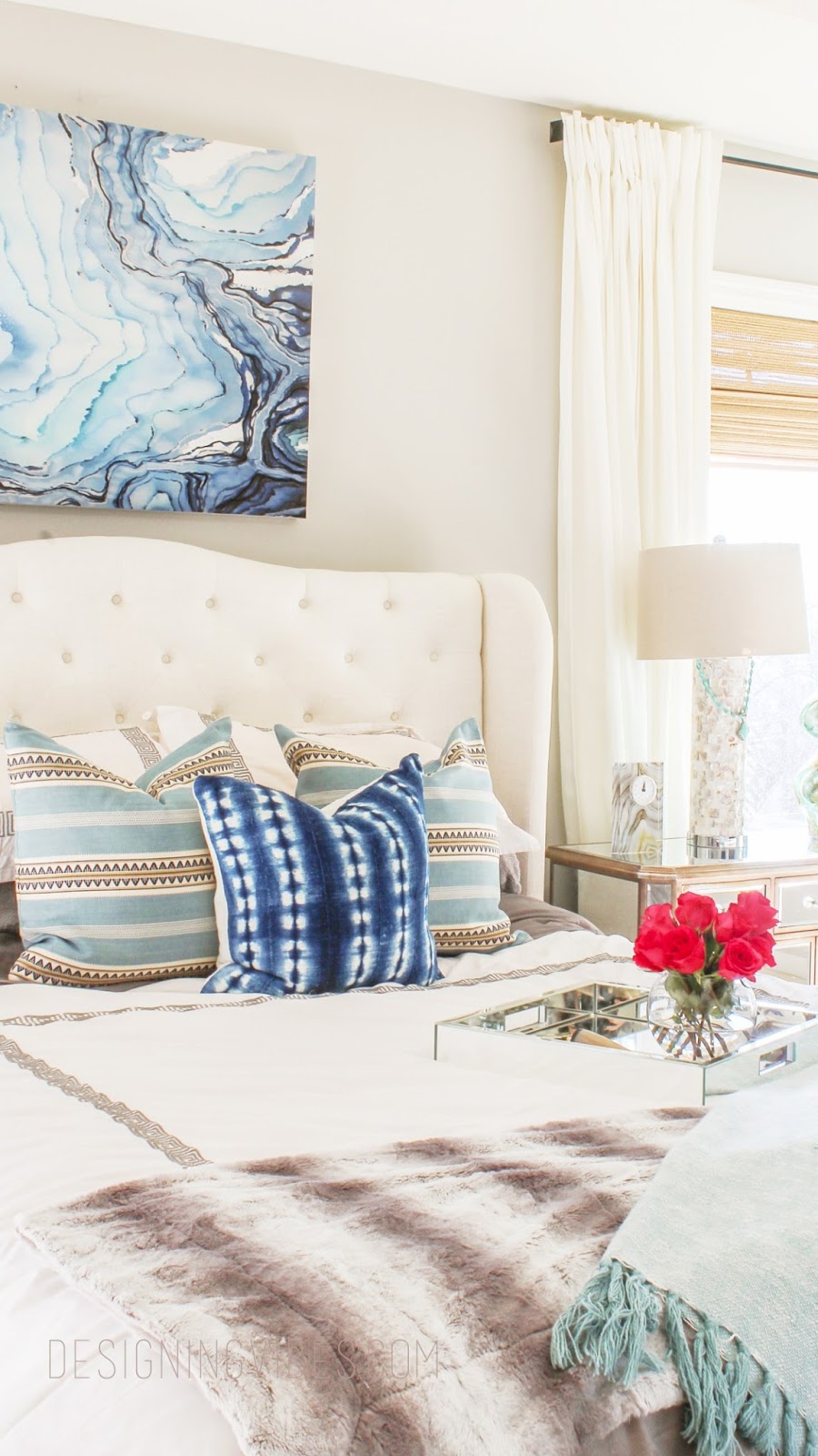 bohemian modern bedroom interior design home decor blue white texture