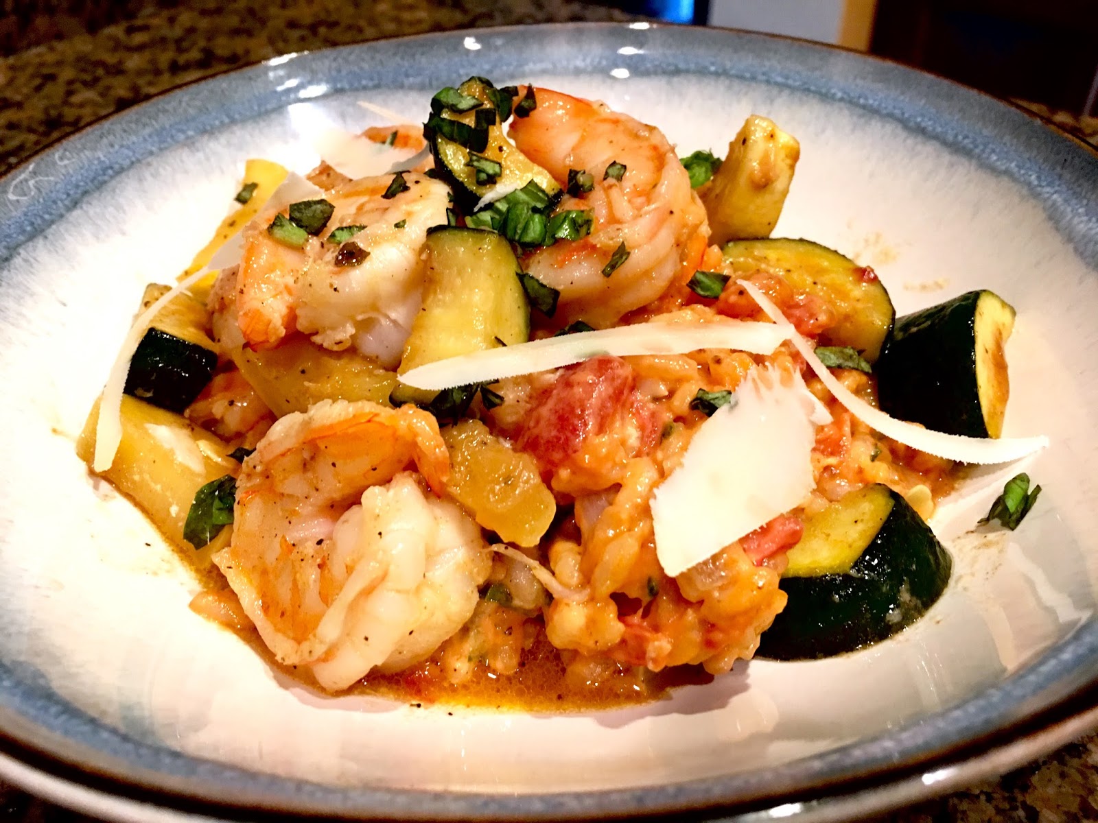 Tomato Basil Risotto with Shrimp and Summer Squash