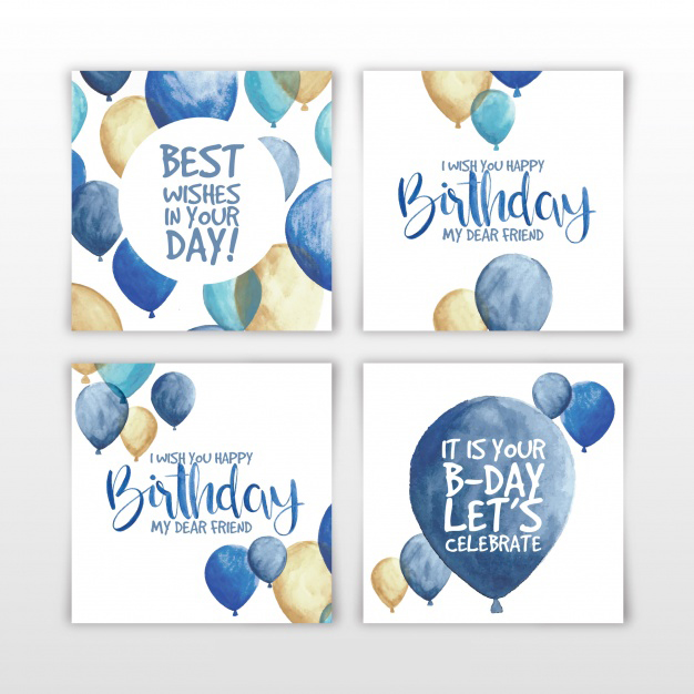 Set of four watercolour birthday cards with balloons Free Vector