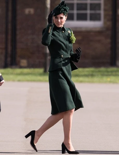 Alexander McQueen deep green coatdress, Kiki tourmaline earrings, Gianvito Rossi pumps