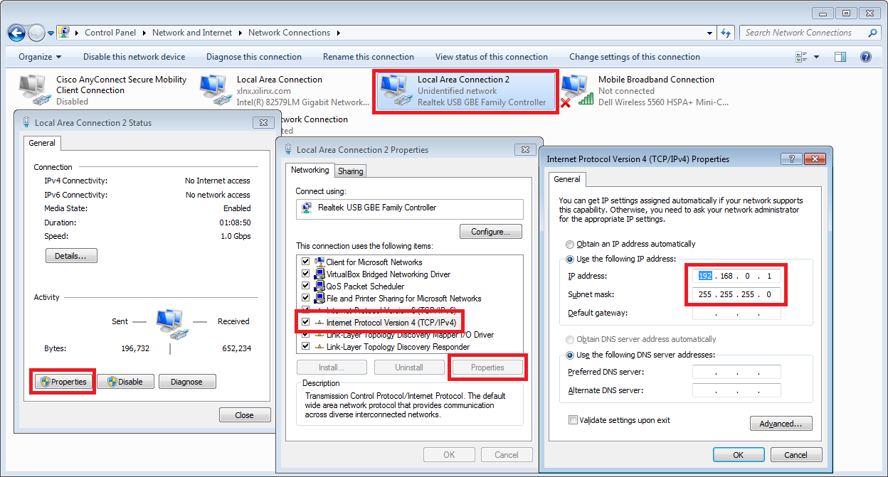 m1372899 Configure adapter with static IP to work with Xilinx SDSoc Zynq board (Zybo)