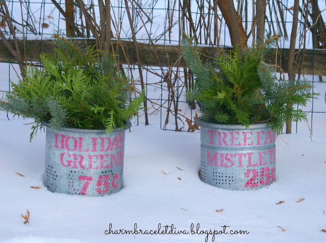 DIY Holiday Greens and Mistletoe Galvanized Stenciled  Buckets