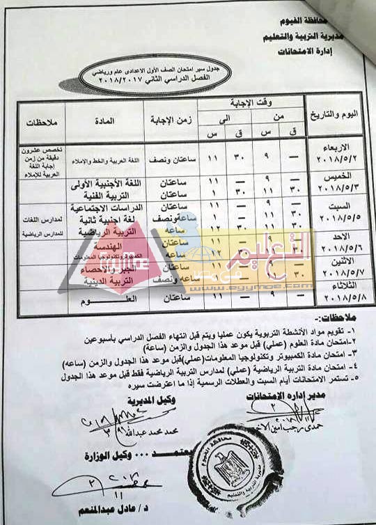 جداول إمتحانات آخر العام الترم الثانى محافظة الفيوم جداول إمتحانات آخر العام الترم الثانى محافظة الفيوم