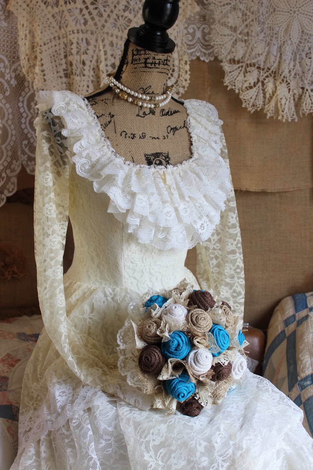 burlap and lace wedding bouquet with turquoise