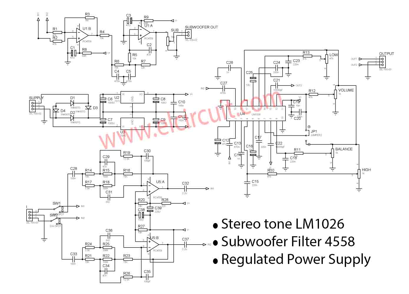 2.1 HiFi Preamplifier LM1036 + Subwoofer Filter 4558 - Electronic Circuit