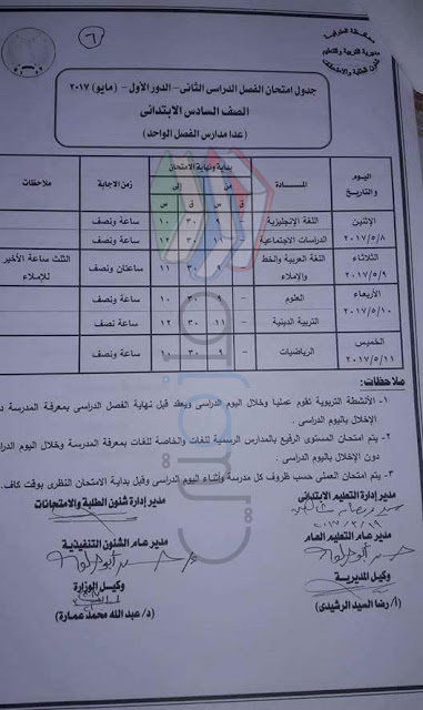 جدول إمتحانات الشهادة الإبتدائية المنوفية جدول إمتحانات الشهادة الإبتدائية المنوفية