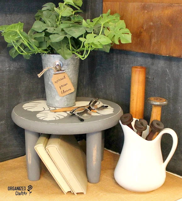 "Thrifted" Wood Round & Dollar Tree Rolling Pin To Stenciled Riser/Stool #vignette #stencil #dixiebellepaint #dollartree #upcycle #repurpose