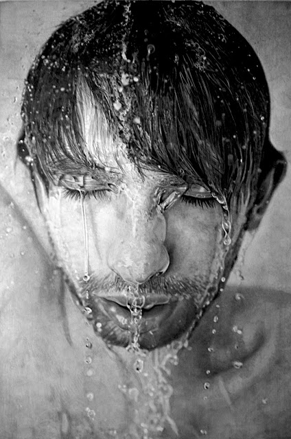 hyper-realistic drawing of young man's face with water pouring off of it