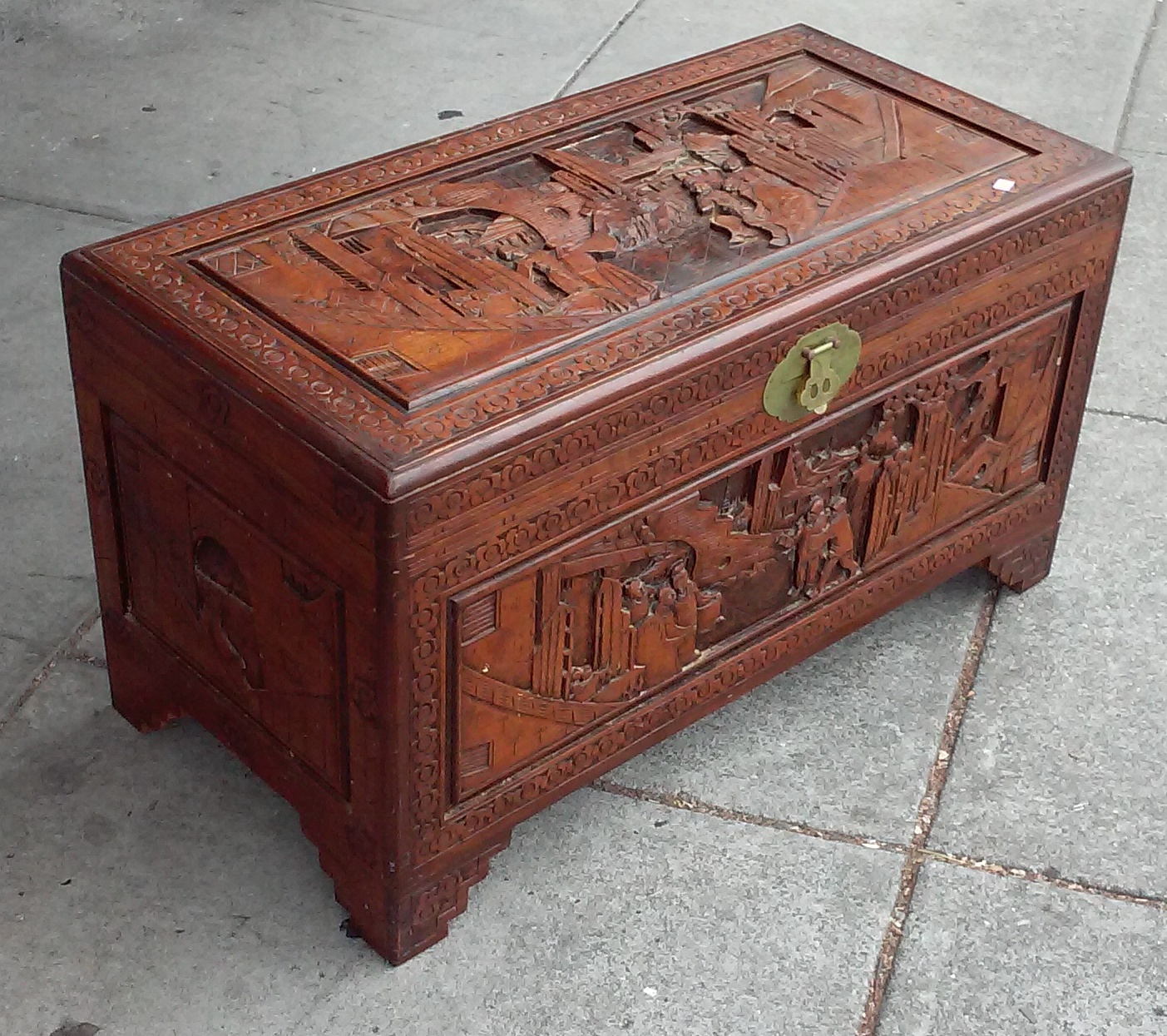 UHURU FURNITURE & COLLECTIBLES SOLD 17377 Hand Carved 41" wide Chinese Teak Trunk 225