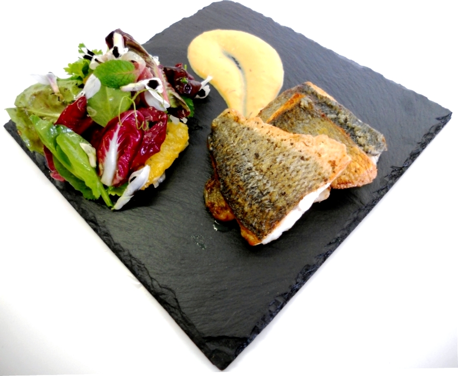 Marthese Seasonal Food Pan Fried Sea Bass with Caraway Pumpkin Puree