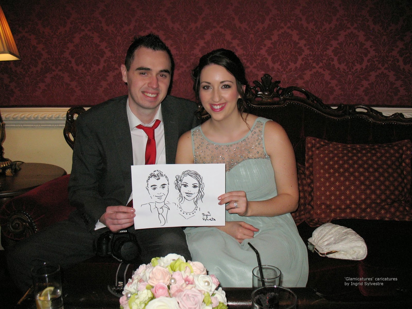 Glamicature wedding caricatures by UK caricaturist Ingrid Sylvestre at the wedding of Hannah and David at Lumley Castle County Durham