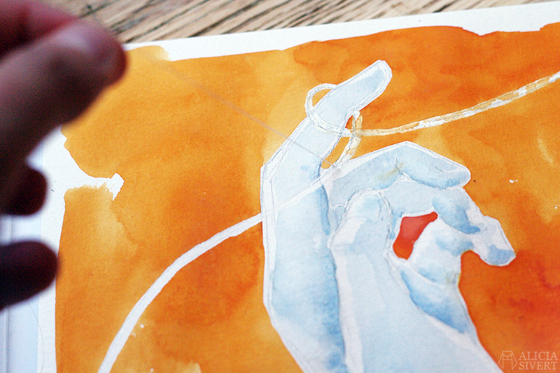 "Autumn's Child got a loophole 'round her finger", Captain Beefheart quote illustration by Alicia Sivertsson. aliciasivert alicia sivert sivertsson akvarell aquarelle vattenfärg watercolor watercolour måla målning måleri paint painting konst konstverk art målningar paintings hand tråd yarn garn thread loophole captain beefheart autumn's child got a loophole round her finger löpögla ögla knop knut fingrar rita teckna teckning drawing draw hands skapande kreativitet skapa maskeringsvätska masking fluid