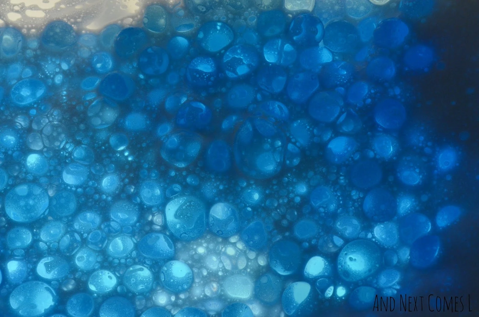Close up of water beads and soap foam on the light table from And Next Comes L