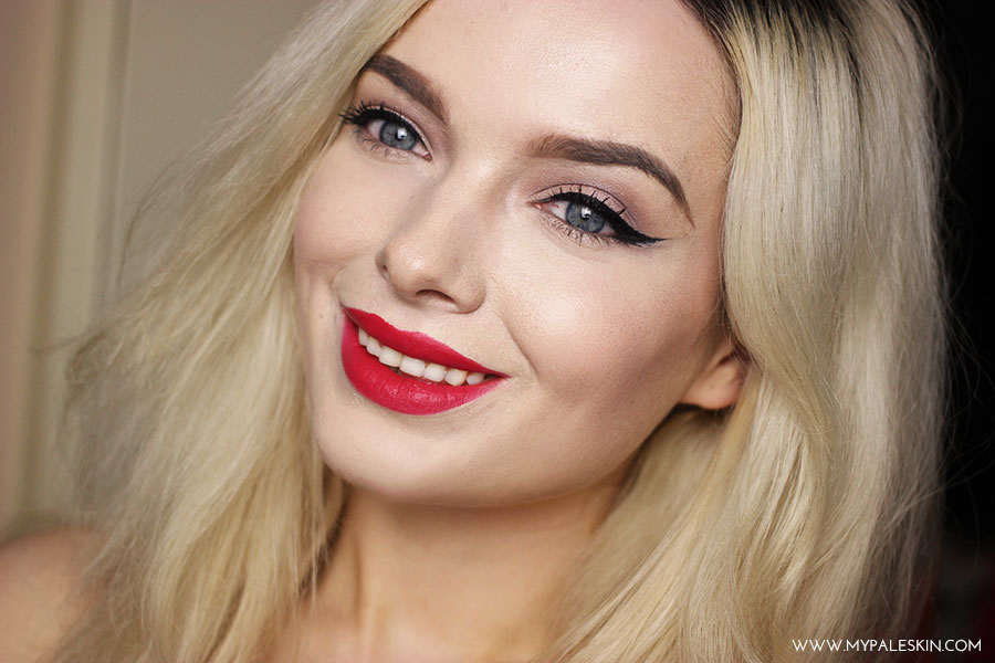 my pale skin, em ford, pale skin, red lipstick, blonde hair, black roots, beauty, swatch, bourjois 12 heures rouge edition,